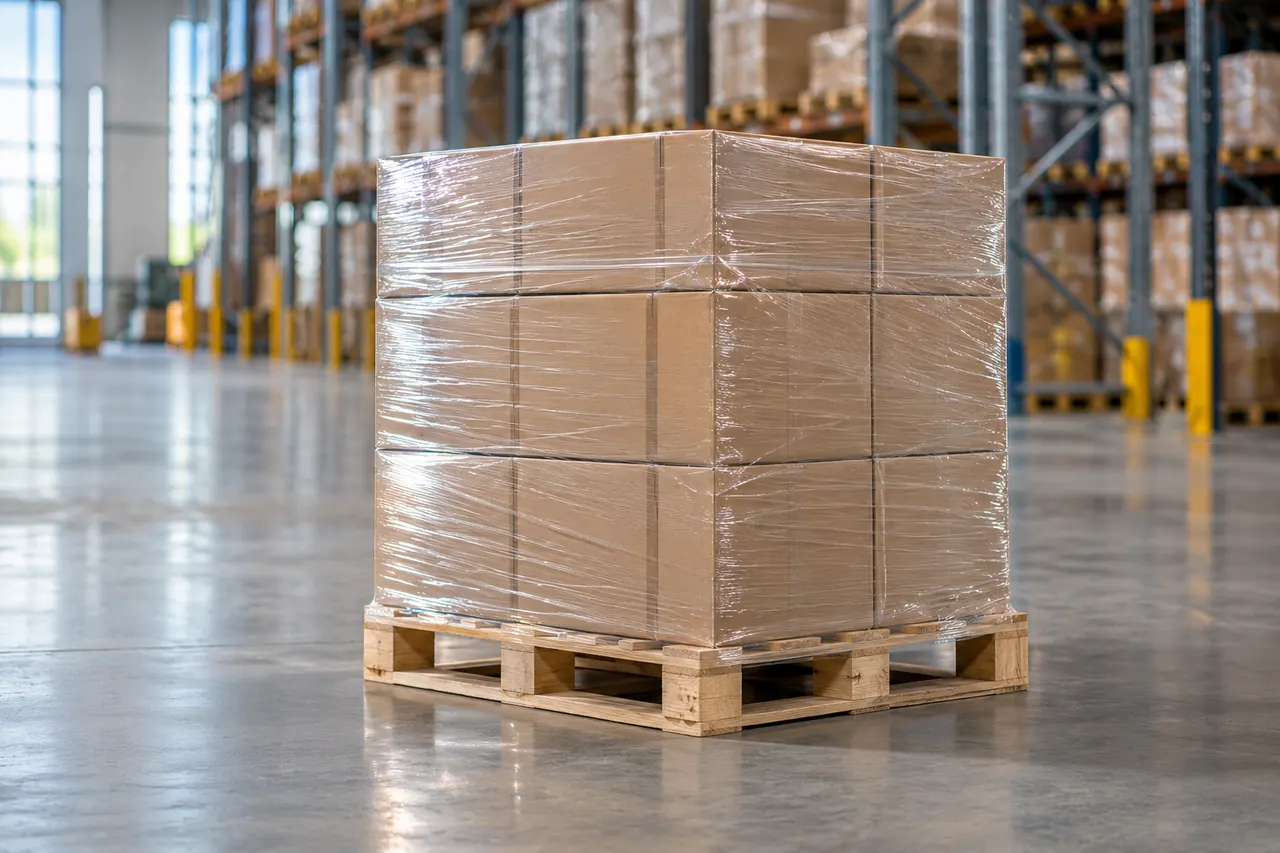 Un europalet con cajas de cartón bien apiladas y envueltas en film, listo para cargar.